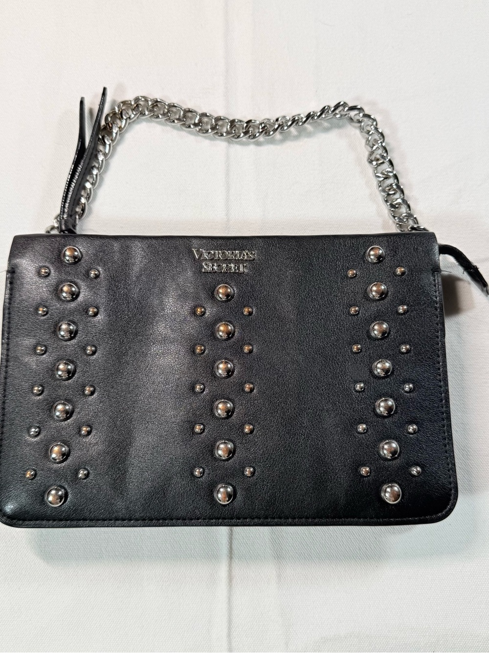 Victoria’s Secret Black Faux Leather Studded Chain Shoulder Bag Clutch Purse